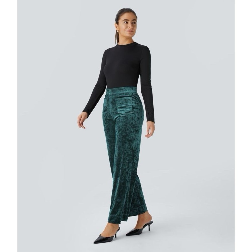 NWT Halara High Waisted Pockets Straight Leg Velvet Casual Pants‎ green small - Picture 5 of 16